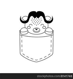 Cute musk ox sitting in pocket. Animal face in Scandinavian style for kids t-shirts, wear, nursery decoration, greeting cards, invitations, poster, house interior. Vector stock illustration