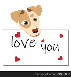 Cute muzzle of a puppy with a heart and the inscription love. On white background.