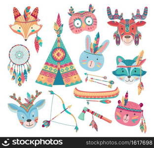 Cute native american or indian animal vector icons with tribal feather headdresses, arrows, dream catcher and tepee, bow, tomahawk, canoe. Baby bear, rabbit or bunny, fox, owl, racoon and deer faces. Cute native american or indian animal icons