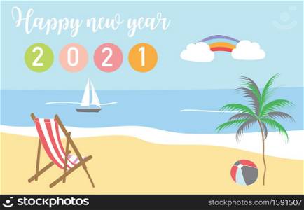 Cute natural background with sea,ship,mountain,rainbow.Happy new year 2021