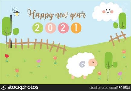 Cute natural background with sheep,grasses,mountain,tree.Happy new year 2021