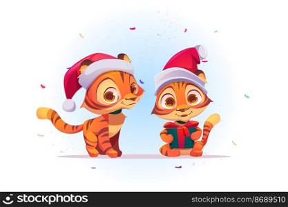 Cute New Year tiger cartoon character in Santa Claus hat with gift box in paws and confetti falling. Wild funny kitten animal cub with present, kawaii 2022 chinese zodiac symbol, Vector illustration. Cute New Year cartoon tiger in Santa Claus hat