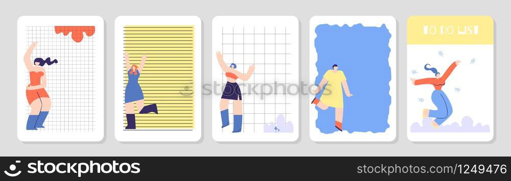 Cute Notebook Page Template, To Do List. Cover Design Set. Diary, Weekly, Monthly Planner, Organizer, Schedule with Place for Notes. Vector Illustration with Happy Dancing Beautiful Girls. Woman Style Notebook Page Template Colorful Set