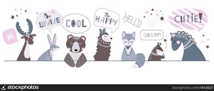 Cute nursery banner. Children animals, draw positive phrases. Childish characters and lettering, funny fox bear horse decent vector poster. Happy animal nursery, sheep fox and deer illustration. Cute nursery banner. Children animals, draw positive phrases. Childish characters and lettering, funny fox bear horse decent vector poster