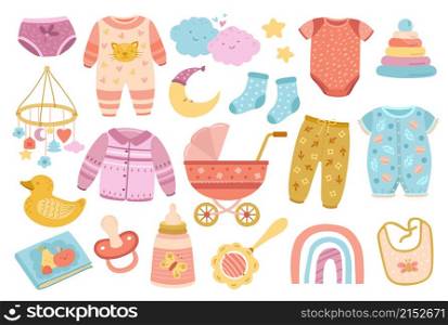 Cute nursery elements. Scandinavian baby shower, doodle toddler fashion clothes and accessories. Flat rainbow, funny kid objects exact vector set. Illustration childish decorative fabric clothes. Cute nursery elements. Scandinavian baby shower, doodle toddler fashion clothes and accessories. Flat rainbow, funny kid objects exact vector set
