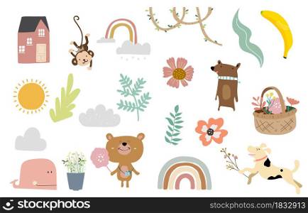 cute object with animal,house,flower for kid