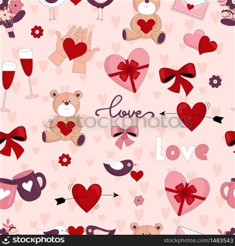 Cute objects for Valentine&rsquo;s day. Holiday decoration. Seamless pattern. Vector illustration