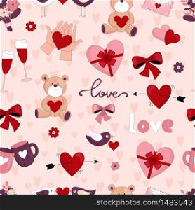 Cute objects for Valentine&rsquo;s day. Holiday decoration. Seamless pattern. Vector illustration