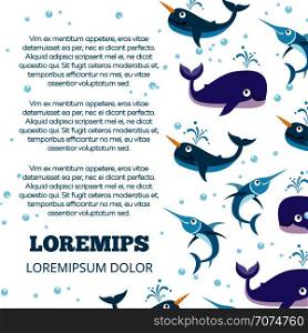 Cute ocean animals poster design. Banner with sea animals. Vector illustration. Cute ocean animals poster design