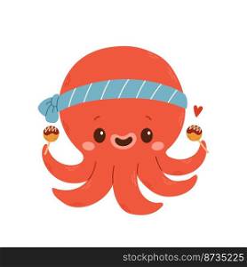 Cute octopus cartoon character takoyaki logo and mascot illustration. Vector illustration