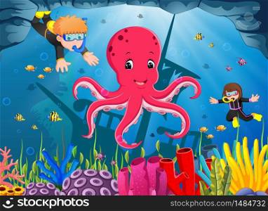 cute octopus under the sea with boy and girl diving