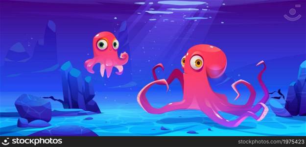 Cute octopuses swim under water in sea. Vector cartoon illustration of underwater ocean landscape with marine animals, seaweed and stones. Happy mother and baby cephalopods on sea bottom. Cute octopuses swim underwater in sea