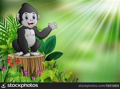 Cute of baby gorilla standing on tree stump with green plants