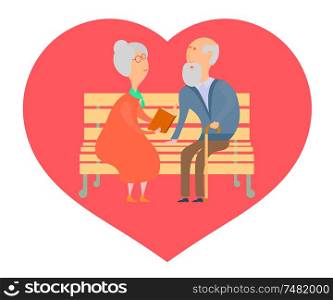 Cute old man and an old woman on a park bench reading a book on a background of red hearts. The concept of a long and faithful love and fidelity. Stock vector illustration