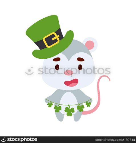 Cute opossum in St. Patrick&rsquo;s Day leprechaun hat holds shamrocks. Irish holiday folklore theme. Cartoon design for cards, decor, shirt, invitation. Vector stock illustration.