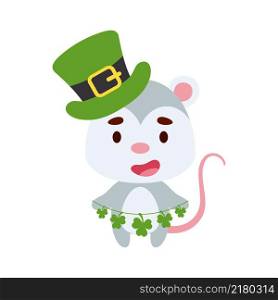 Cute opossum in St. Patrick&rsquo;s Day leprechaun hat holds shamrocks. Irish holiday folklore theme. Cartoon design for cards, decor, shirt, invitation. Vector stock illustration.