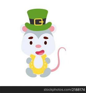 Cute opossum St. Patrick’s Day leprechaun hat holds horseshoe. Irish holiday folklore theme. Cartoon design for cards, decor, shirt, invitation. Vector stock illustration.