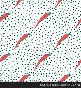 Cute orange carrot seamless pattern on dots background. Doodle carrots backdrop. Botanical wallpaper. Design for fabric, textile print, wrapping paper, kitchen textiles. Modern vector illustration. Cute orange carrot seamless pattern on dots background. Doodle carrots backdrop.