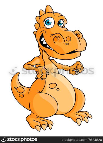 Cute orange cartoon dragon with blue eyes and a toothy smile standing upright isolated on white. Cute orange cartoon dragon