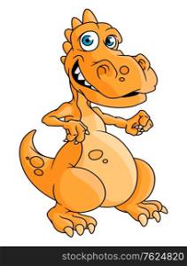 Cute orange cartoon dragon with blue eyes and a toothy smile standing upright isolated on white. Cute orange cartoon dragon