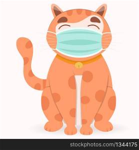 Cute Orange cats wearing medical mask because protect of Coronavirus COVID-2019 or air pollution or virus epidemic. Vector flat cartoon illustration.