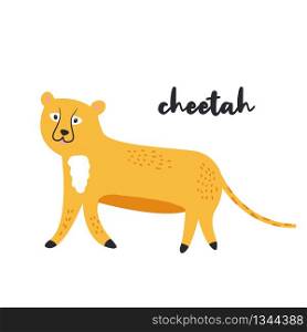 Cute orange cheetah on white background. Animal character. African inhabitant. Cute orange cheetah on white background