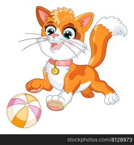 Cute orange kitten playing with a ball. Cartoon character. Vector isolated illustration. Children art. For print, design, posters, cards, stickers, decor, kids apparel, baby shower and invitation. Cute cartoon character orange kitten playing with a ball vector illustration