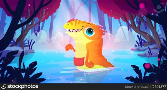 Cute orange monster in forest lake. Vector cartoon fantasy illustration of woods landscape with swamp and magic creature, fantastic alien animal with pouch and teeth. Cute orange monster in forest lake