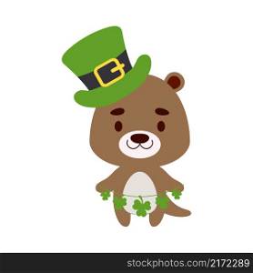 Cute otter in St. Patrick&rsquo;s Day leprechaun hat holds shamrocks. Irish holiday folklore theme. Cartoon design for cards, decor, shirt, invitation. Vector stock illustration.