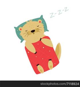 Cute otter sleeping on pillow under the blanket. Animal character vector illustration. Print design. Cute otter sleeping on pillow under the blanket