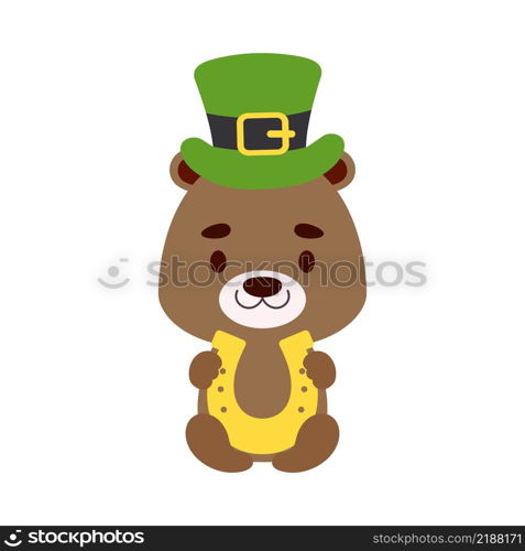 Cute otter St. Patrick’s Day leprechaun hat holds horseshoe. Irish holiday folklore theme. Cartoon design for cards, decor, shirt, invitation. Vector stock illustration.