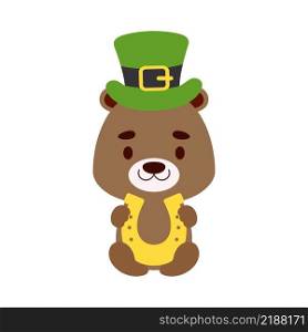 Cute otter St. Patrick’s Day leprechaun hat holds horseshoe. Irish holiday folklore theme. Cartoon design for cards, decor, shirt, invitation. Vector stock illustration.