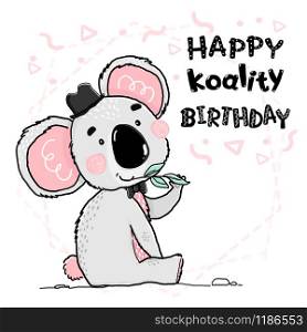 cute outline drawing happy grey and pink koala wear black hat and bow, Happy koality birthday. Animal character flat vector idea for greeting card, kid t shirt print, nursery wall print