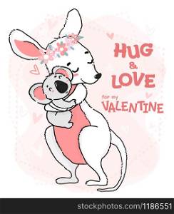 cute outline drawing koala hug and love kangaroo, flat vector animal character cartoon idea for greeting card, nursery print and kid stuff, for my valentine