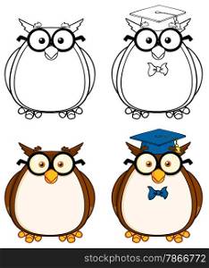 Cute Owl Cartoon Mascot Character 3. Collection Set