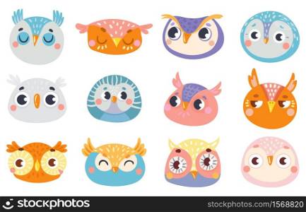 Cute owl faces. Set of face owl fun, drawing childish illustration, cheerful look and animal birds emotion vector. Cute owl faces. Set of face owl fun, drawing childish