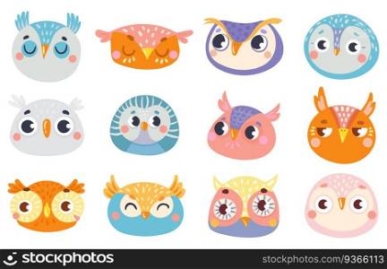 Cute owl faces. Set of face owl fun, drawing childish illustration, cheerful look and animal birds emotion vector. Cute owl faces. Set of face owl fun, drawing childish
