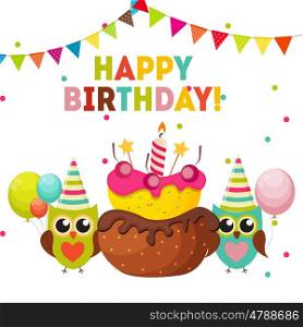 Cute Owl Happy Birthday Background with Balloons and Place for Your Text Vector Illustration EPS10. Cute Owl Happy Birthday Background with Balloons and Place for Y