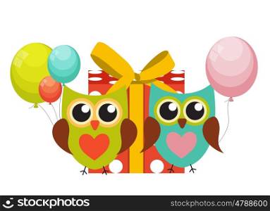 Cute Owl Happy Birthday Background with Gift Box, Balloons and Place for Your Text Vector Illustration EPS10