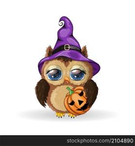 Cute owl in purple witch hat with potion, pumpkin. Happy Halloween poster, greeting card, postcard.. Cute owl in purple witch hat. Happy Halloween poster, greeting card, postcard.