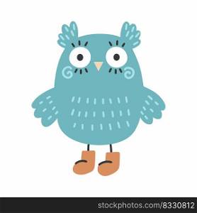 Cute owl with big eyes in boots. Autumn illustration. Sticker to nursery.