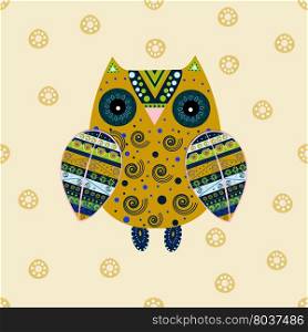 Cute owl with ethnic ornament. Animal bird symbol of wisdom. Funny owl. Vector owl. Bird of prey owl.. Cute owl with ethnic ornament