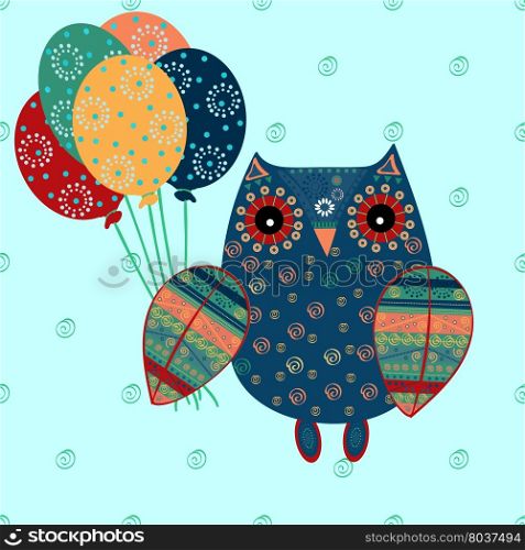 Cute owl with ethnic ornament birthday balloons. Animal bird symbol of wisdom. Funny owl. Vector owl. Bird of prey owl.. Cute owl with ethnic ornament birthday balloons