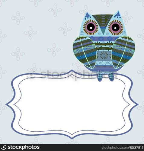 Cute owl with ethnic ornament text box. Animal bird symbol of wisdom. Funny owl. Vector owl. Bird of prey owl.. Cute owl with ethnic ornament text box