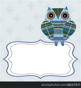 Cute owl with ethnic ornament text box. Animal bird symbol of wisdom. Funny owl. Vector owl. Bird of prey owl.. Cute owl with ethnic ornament text box