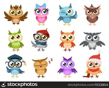 Cute owls. Colorful friendly owl, birthday kids shower stickers. Funny animal joyful forest or zoo birds, cuteness comic characters cartoon isolated vector set. Cute owls. Colorful friendly owl, birthday kids shower stickers. Funny animal joyful forest birds, cuteness characters cartoon vector set