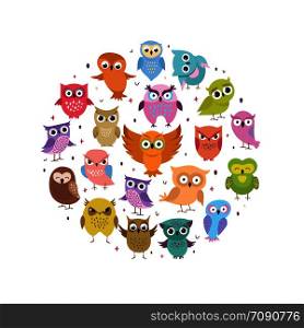 Cute owls round banner. Cartoon funny forest birds set. Colored owl forest cartoon collection. Vector illustration. Cute owls round banner. Cartoon funny forest birds set