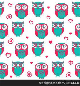 Cute owls seamless pattern. Vector Illustration. Can be used for web, paper, wrap, wallpaper, textile and other design. Valentine`s background.