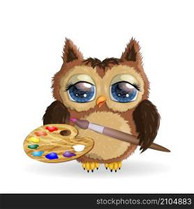 cute painter owl holding color palette and brush for art concept. cute painter owl holding color palette and brush for art concept.
