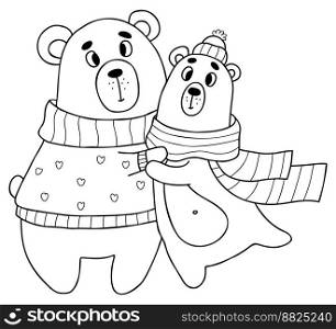 Cute pair bears in winter clothes. Vector illustration in doodle style. Outline drawing for design, decor, Valentines cards, print